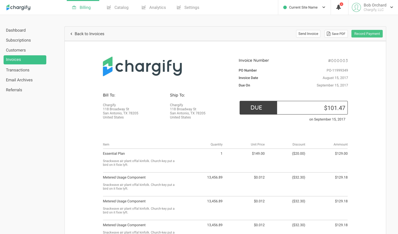 Screenshot of a single invoice view on Chargify